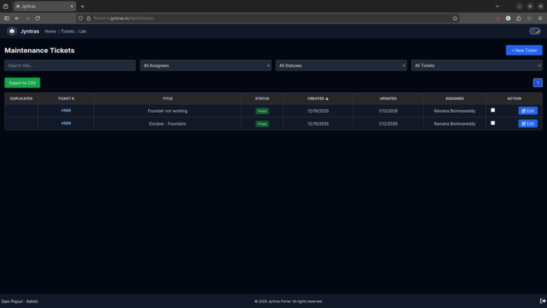 Jyntras Ticket Listing Screen - Dark Mode